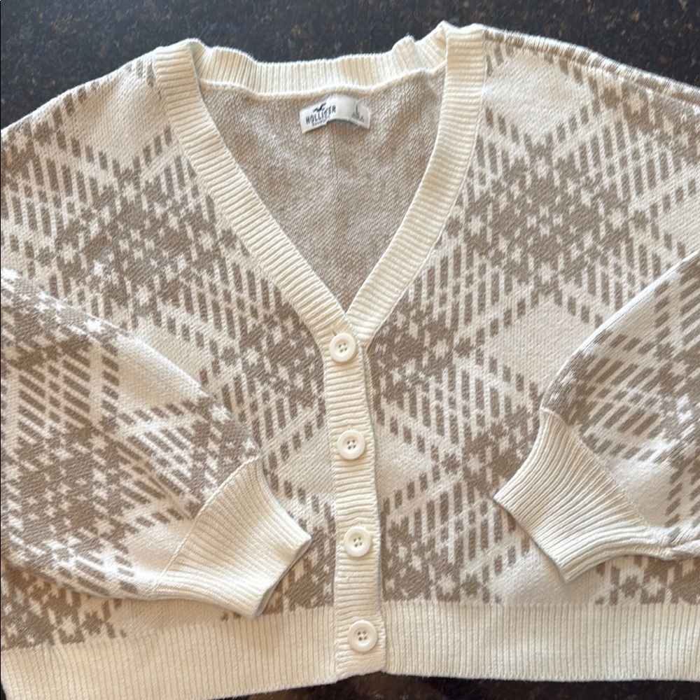 Hollister Cream and Brown Cardigan Sweater with Geometric Pattern